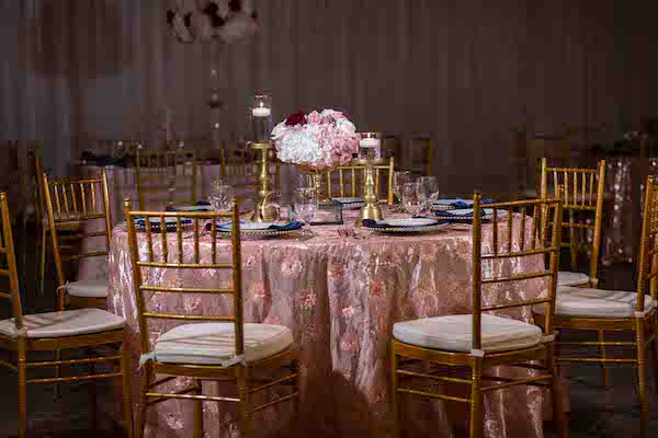 North Charleston wedding reception in blush and burgundy with navy and gold accents