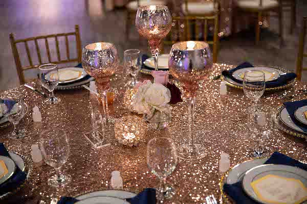 blush and rose gold tablescape at a Sophisticated Affairs wedding reception in North Charleston