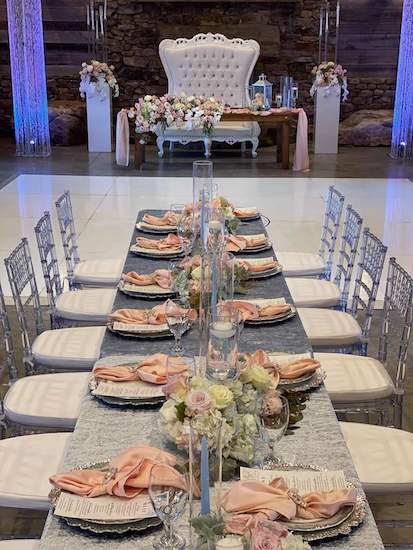 catawba falls event center wedding in blush and dusty blue
